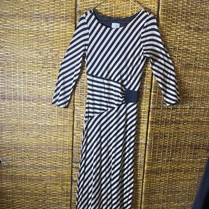 EUC beige by ECI, long sleeve cream, black striped super maxi tall girl dress M